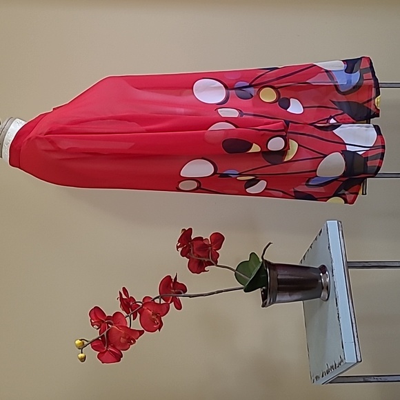 NEW Vintage Liz Baker Tunic Top Semi-sheer Chiffon Bright Red Poppies Print Lrge - Picture 2 of 9